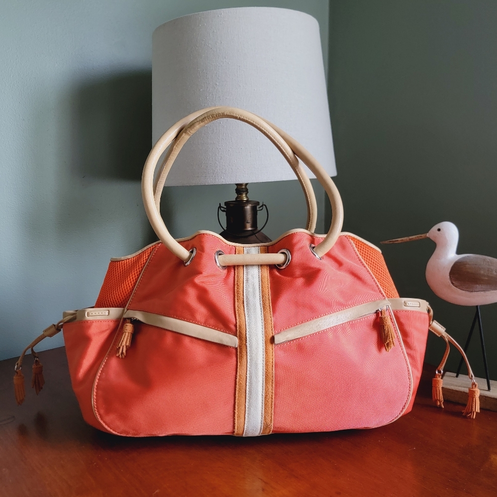 Cole Haan Orange Nylon Leather Trim Hobo Shoulder Bag Y2K